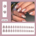 Almond fake nails featuring delicate purple flowers and green leaves on clear base - W1546 Pastoral Small Flower