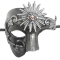 Vintage silver phantom of the opera half face mask with red eye sun emblem for parties - Sun God Antique Silver