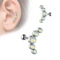 Internal thread T-bar earring with five white synthetic opals in a curved arrangement - Ball Style / Snow Opal White