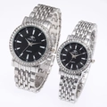 Elegant silver steel couple watch set with black dial and sparkling rhinestone bezel - Men's Silver Case Black Dial