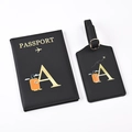Black PU leather passport holder and luggage tag set with gold letter A and suitcase icon - Black Letter A