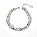Silver stainless steel Cuban chain bracelet with five zircon-encrusted heart charms - Bracelet (PAK791)