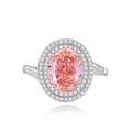S925 silver ring featuring a large oval pink gemstone with a double halo of white diamonds - FDJZ-108 Padparadscha Pink