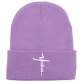 Lila Strickmütze mit weißer Yeshua-Kreuzstickerei und warmem, gefaltetem Umschlagdesign - Hellviolett