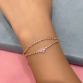 Pink zircon heart bow bracelet with golden double-chain and flower clover design - Clover - Gold