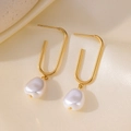 18K gold-plated titanium steel earrings featuring elegant hanging white pearls - Hook Pearl Dangle Earrings / Gold
