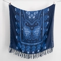 Blue tie-dye plaid cotton scarf featuring indigo batik fish print and fringe tassels - Batik Double Fish (2023-1-3)