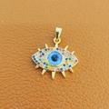 Golden evil eye pendant with blue center stone and colorful zirconia inlays - 33-Gold Eye Shape Color Rim Blue Eye