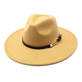 Detail of wide brim fedora hat showing golden metal buckle on black leather strap - M (56-58cm) / Camel