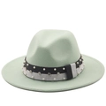 Detail of mint green fedora hat featuring pearl and rhinestone trim on a glitter band - M (56-58cm) / Cream White