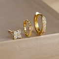 Three-piece gold S925 silver earring set with clover stud and zircon hoops - Gold (Y26069)