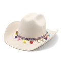 Close-up of beige felt cowboy hat with colorful ethnic beads and pom-poms band - M (56-58cm) / Beige
