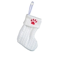 White knitted Christmas stocking with red paw print embroidery and cable stitch - White-Paw Print