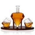 Diamond-shaped glass whiskey decanter set with two matching glasses on a wooden base - Diamond Shape Decanter Set