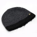 Detail of grey and black knit bucket hat with a decorative gold rose metal emblem - One Size / Dark Gray & Black Contrast (E)