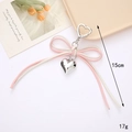 Pink and beige bow keychain with silver heart pendant, 15cm length for bags and phones - White + Pink (K4025)