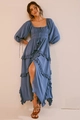 Elegant blue deep V-neck maxi dress with lace cutouts and ruffled details in a linen texture - S / Light Blue
