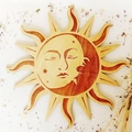 Detail of wooden sun and moon wall art with natural grain and bohemian celestial carvings - C-Sun Moon Combo