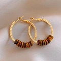 Detail of 18k gold plated hoop earrings with tiger eye beads and sparkling crystals - 3# Zirconia Tiger Eye Round Earrings (3#)
