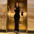 Elegant black halter maxi dress with white wavy hem and slim fit silhouette - S / Black