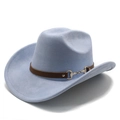 Detail of light blue suede cowboy hat featuring brown leather band and gold horsebit buckle - M(56-59CM) / Light Blue (Suede)