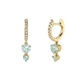 Close-up of gold earrings with micro-pave diamonds and blue zircon round drop details - Gold Light Blue