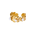 Irregular gold leaf open ring with white pearls in polished stainless steel - Leaf Shape Three Pearl Style (G8611)
