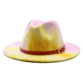 Chic rainbow tie-dye wool fedora hat with flat brim and red buckled leather band - M (56-58cm) / Pink #1