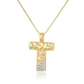 Golden cross necklace with artistic texture and sparkling white zircon inlays on white background - T (Cross)