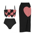Three-piece bikini set with heart-shaped scale top and high-slit long skirt in pink and black - S / Black Red Heart Set