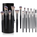 Professional 15pcs matte black makeup brush set with purple tips and leather holder - 15pcs Gun Color with Tube