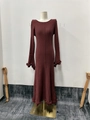Slim fit dark red ribbed knit dress featuring a round neck and lettuce edge trim - S / Dark Brown