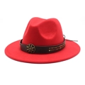 Detail of red fedora hat with brown leather band, bronze floral buckle and metal rivets - Red
