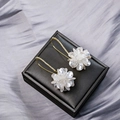 Detail of white shell flower earrings with long tassels and sparkling zircon accents - E2404-6-White Resin Flower Hook Earrings