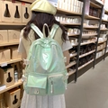 Student backpack in laser holographic mint green with large capacity and stylish buckles - Green