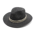 Cappello fedora nero in paglia con accenti dorati e nastro a scacchi elegante - M (56-58cm) / Nero