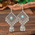 Bohemian silver earrings with vintage hollow patterns and turquoise teardrop bell tassels - Diamond Bell Tassel (HQEF-0991)