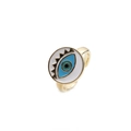 Macro shot of evil eye open ring featuring gold finish disc and blue enamel eye detail - Adjustable Open / White