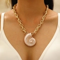 Bohemian woven necklace with large pink spiral shell pendant and golden rope chain - Gold Twist Chain Pink Shell Necklace (8088)