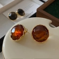 Close-up of amber resin flower earrings with gold metal base and silver needles - Gold Brown-Round Gem Style (18#)