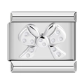 Italian charm bracelet module featuring a silver bow tie with white gemstone accents - Silver Diamond Surface Style (1447)