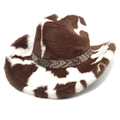 Plush faux fur cow print western cowboy hat with studded metallic bull head band - M (56-58cm) / Flat Top Brown (Cow Print)