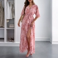 Elegant pink floral print long dress with V-neck, waist tie and slit for summer wear - S / Dress (D2343093) / Lotus root pink