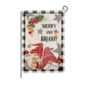 Christmas garden flag with gnome print, checkered borders and Merry and Bright text - Double Gnomes-Merry and Bright