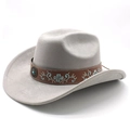 Close-up of light grey western hat with brown leather band and blue floral embroidery - M (56-58cm) / Light Gray
