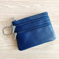Blue genuine leather coin purse with triple zippers and lychee texture grain - Royal Blue
