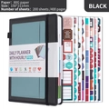 Black A5 daily planner with hourly schedules, elastic strap, and pocket for card storage - Black + 8 Sheets Planning Stickers