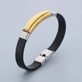 Adjustable black leather bracelet with gold textured steel and silver buckle - Style B Geometric Texture-Gold(KB186181-JZ)