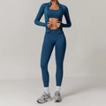 Three-piece seamless yoga set in peacock blue with jacket, sports bra and leggings - S / Jacket + Bra + Leggings / Navy Blue