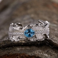 S925 Sterling Silver feather ring with oval blue gemstone and side diamonds - Topaz Feather Style (LR178)